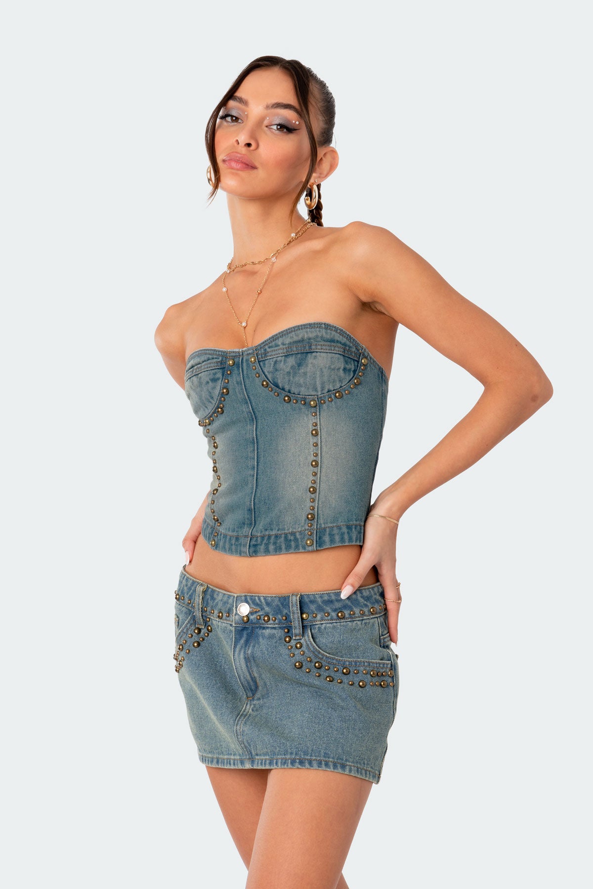 Studded Washed Denim Lace Up Corset - Image 3