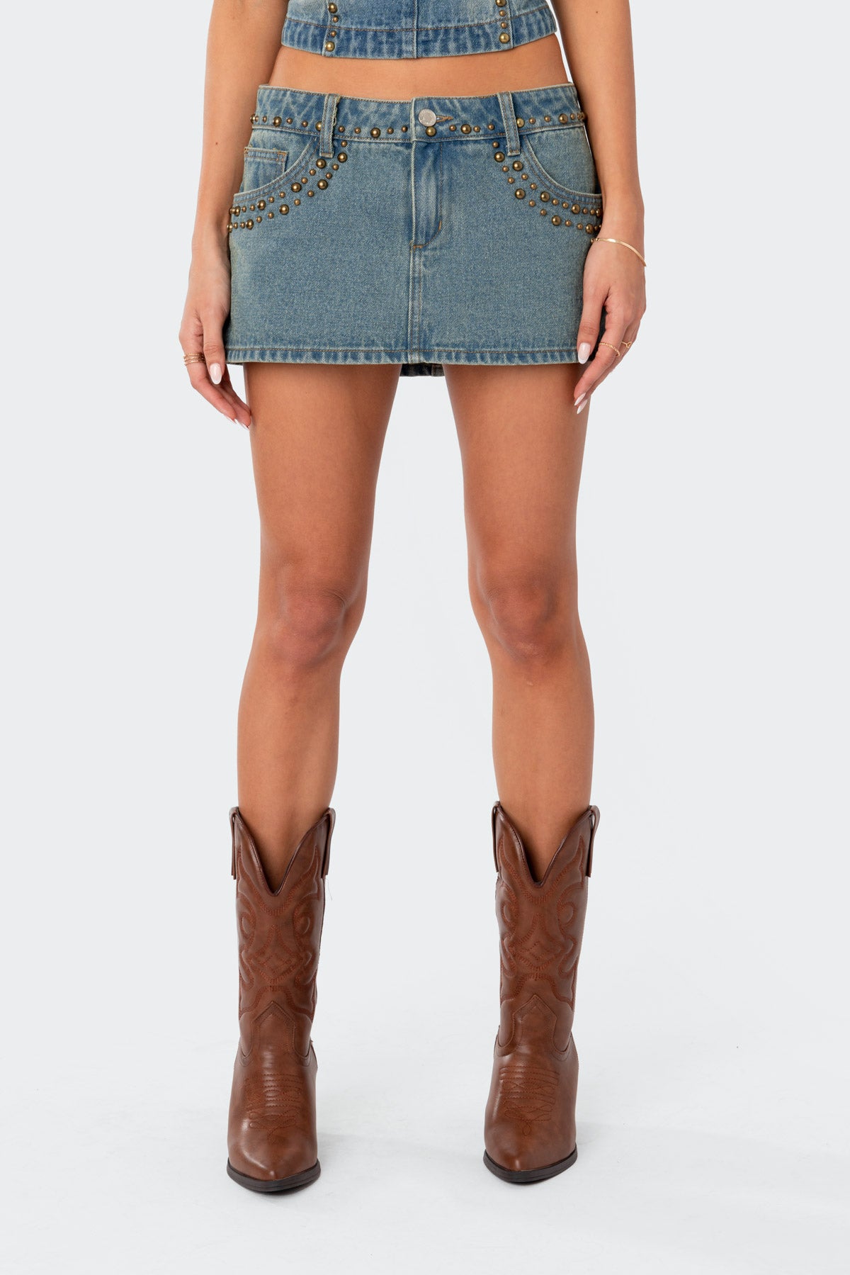 Studded Low Rise Washed Denim Mini Skirt - Image 2