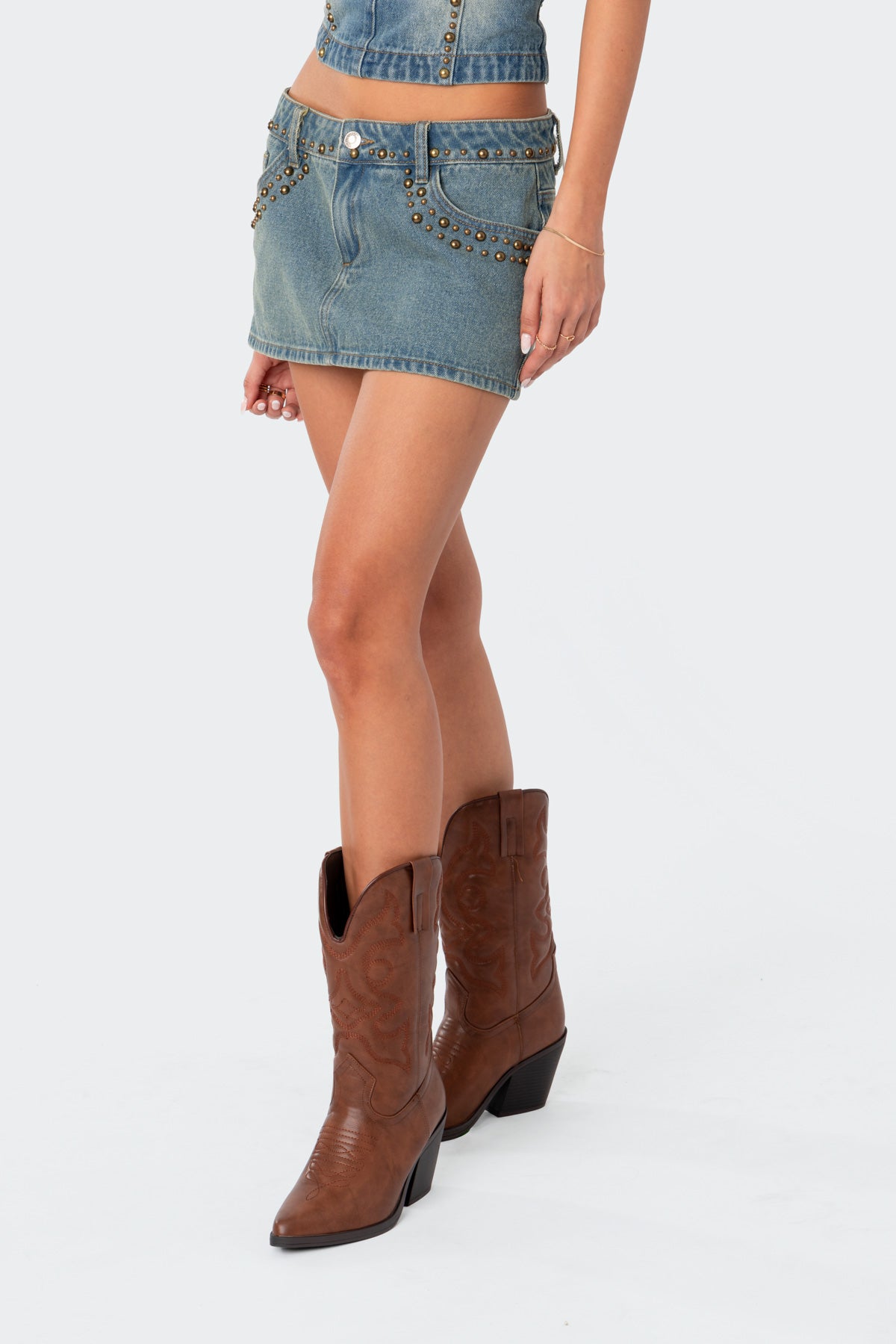 Studded Low Rise Washed Denim Mini Skirt - Image 3