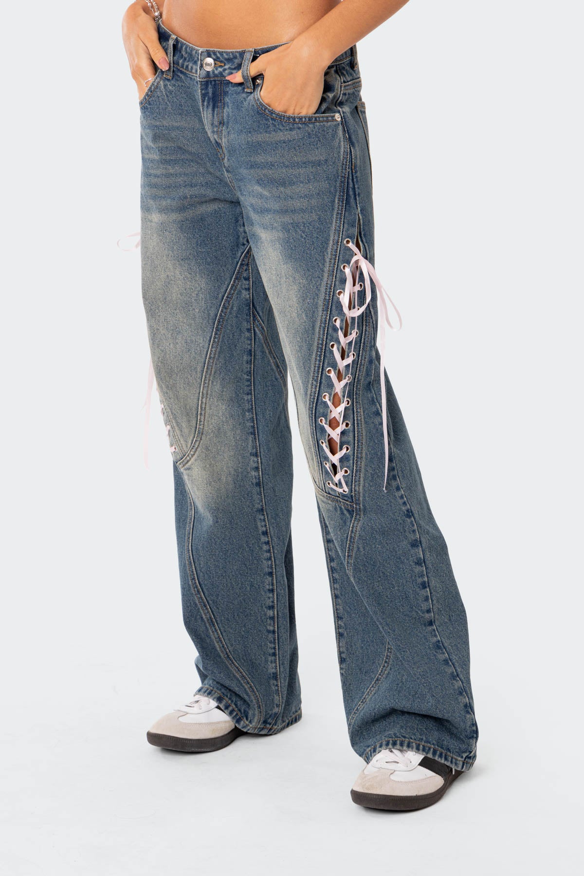 Low Rise Ribbon Lace Up Jeans - Image 3