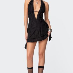 Shredded Backless Halter Mini Dress