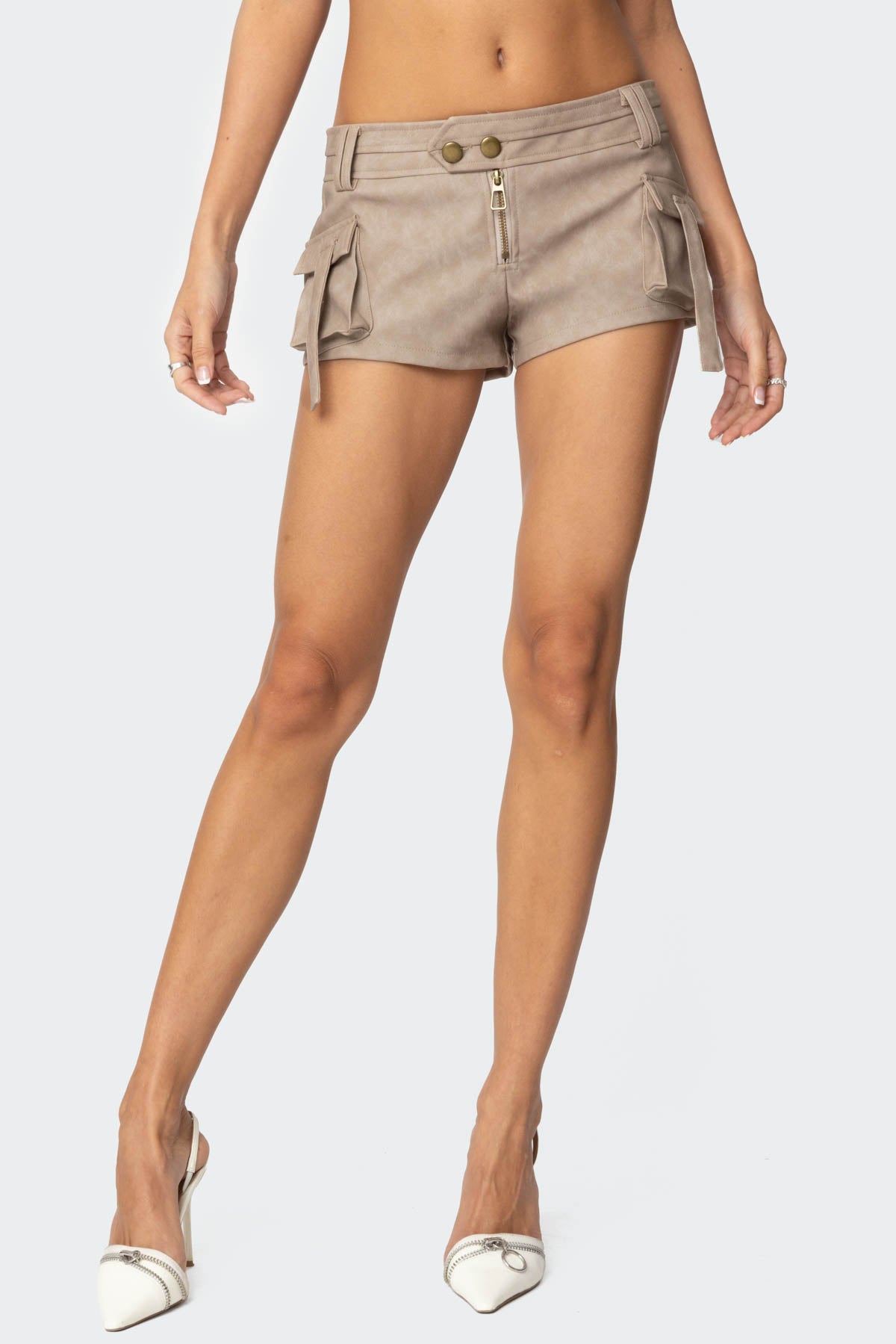 Washed Faux Leather Micro Cargo Shorts - Image 4