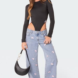 Lucille Low Rise Satin Effect Bow Jeans