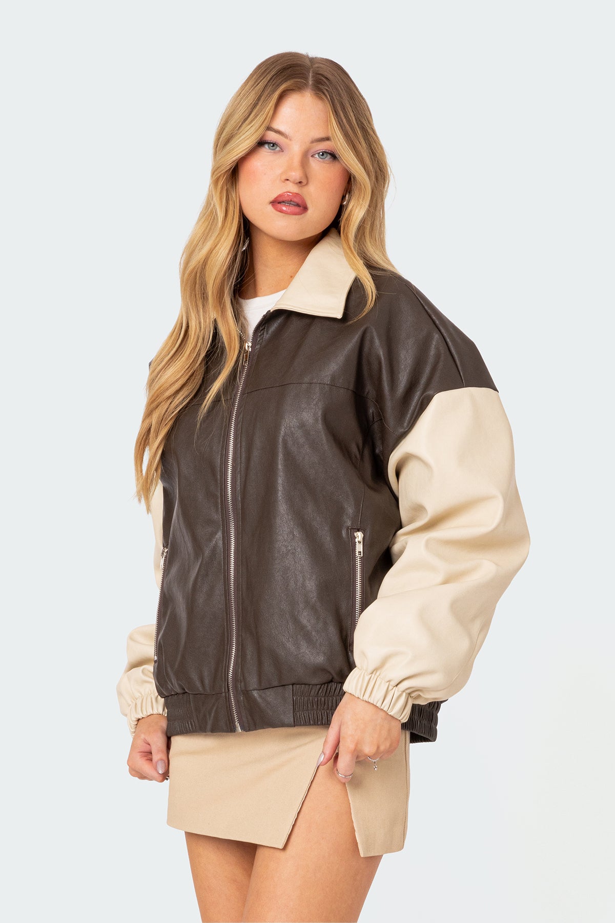Two Tone Faux Leather Bomber Jacket - Image 3