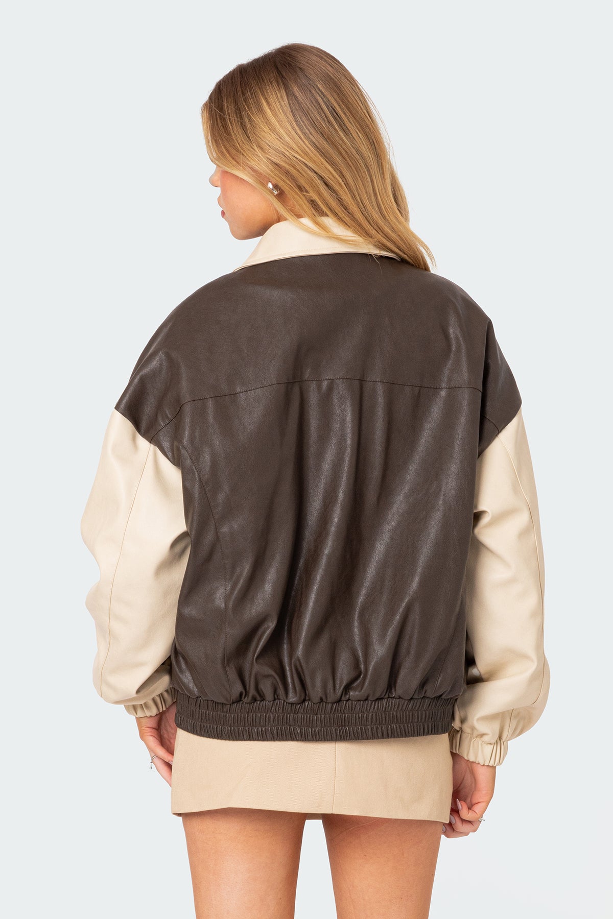 Two Tone Faux Leather Bomber Jacket - Image 4