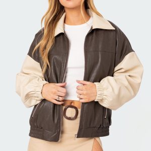 Two Tone Faux Leather Bomber Jacket