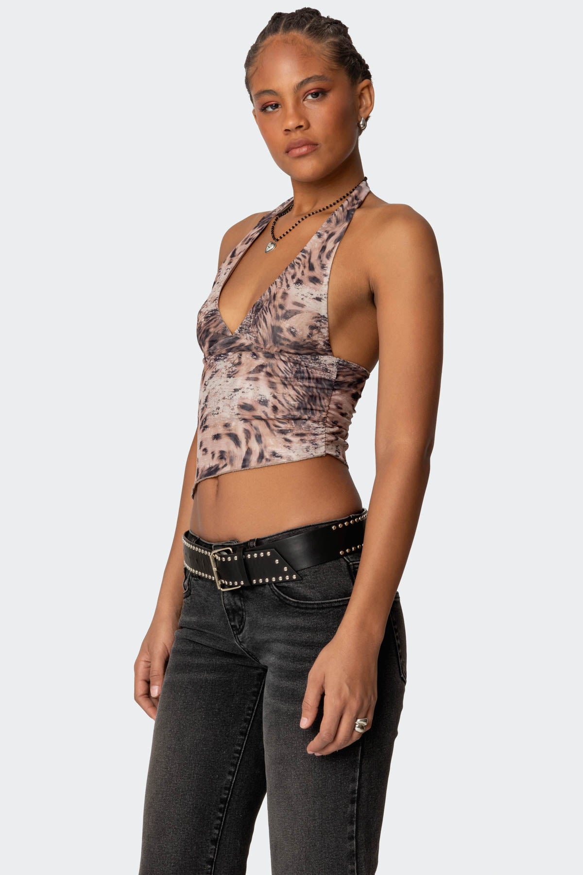 Leopard Mesh Asymmetric Halter Top - Image 4