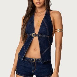 Ciel Split Front Denim Halter Top