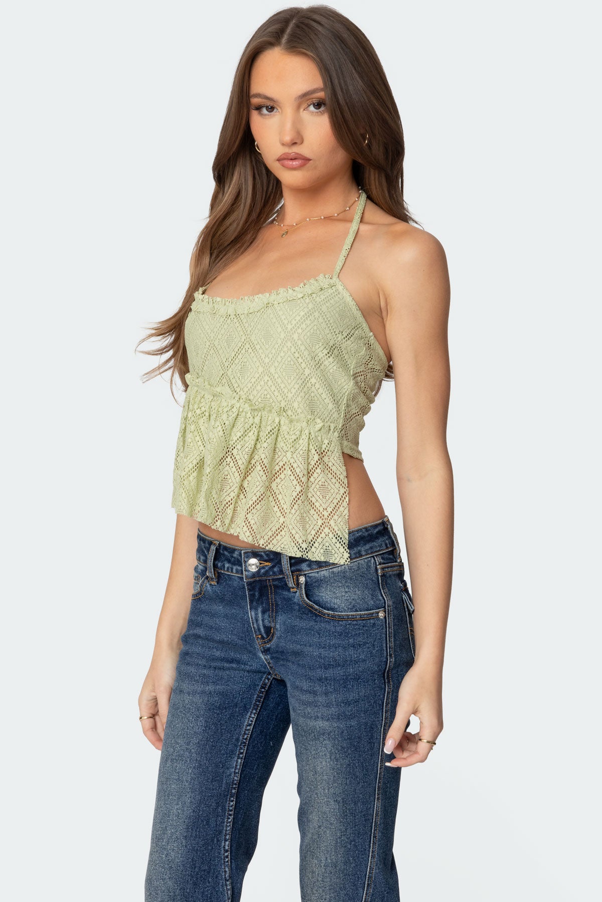 Asymmetric Sheer Lace Halter Top - Image 3