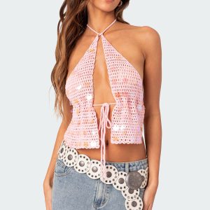 Sequin Crochet Open Back Top