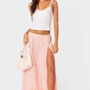 Tiered Eyelet Slitted Maxi Skirt
