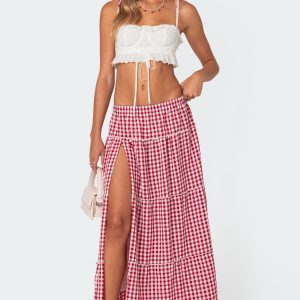 Gingham Side Slit Tiered Maxi Skirt