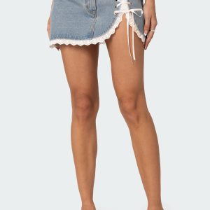 Eyelet Lace Up Denim Mini Skirt