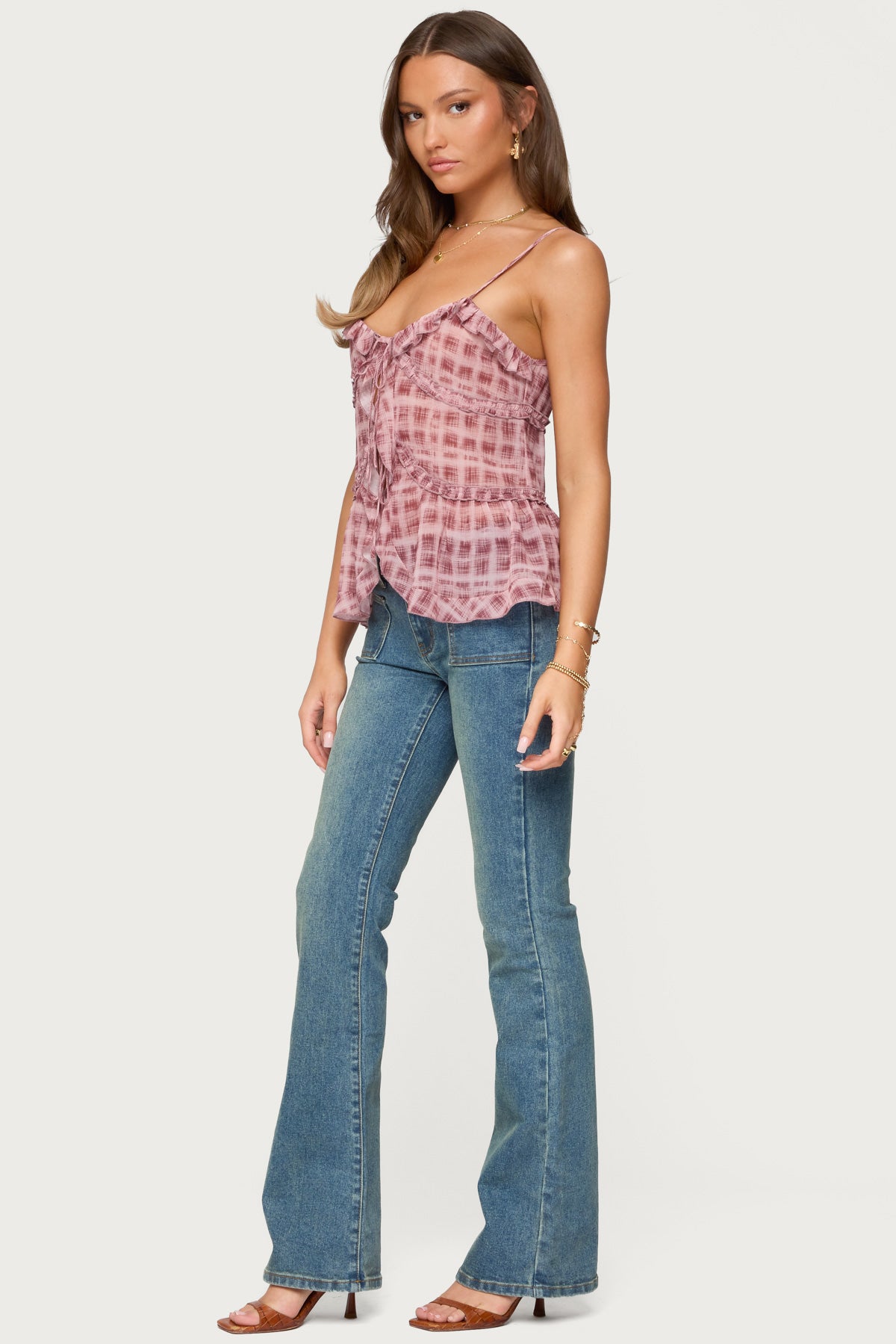 Chiffon Printed Tie Front Ruffle Top - Image 4