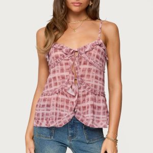 Chiffon Printed Tie Front Ruffle Top