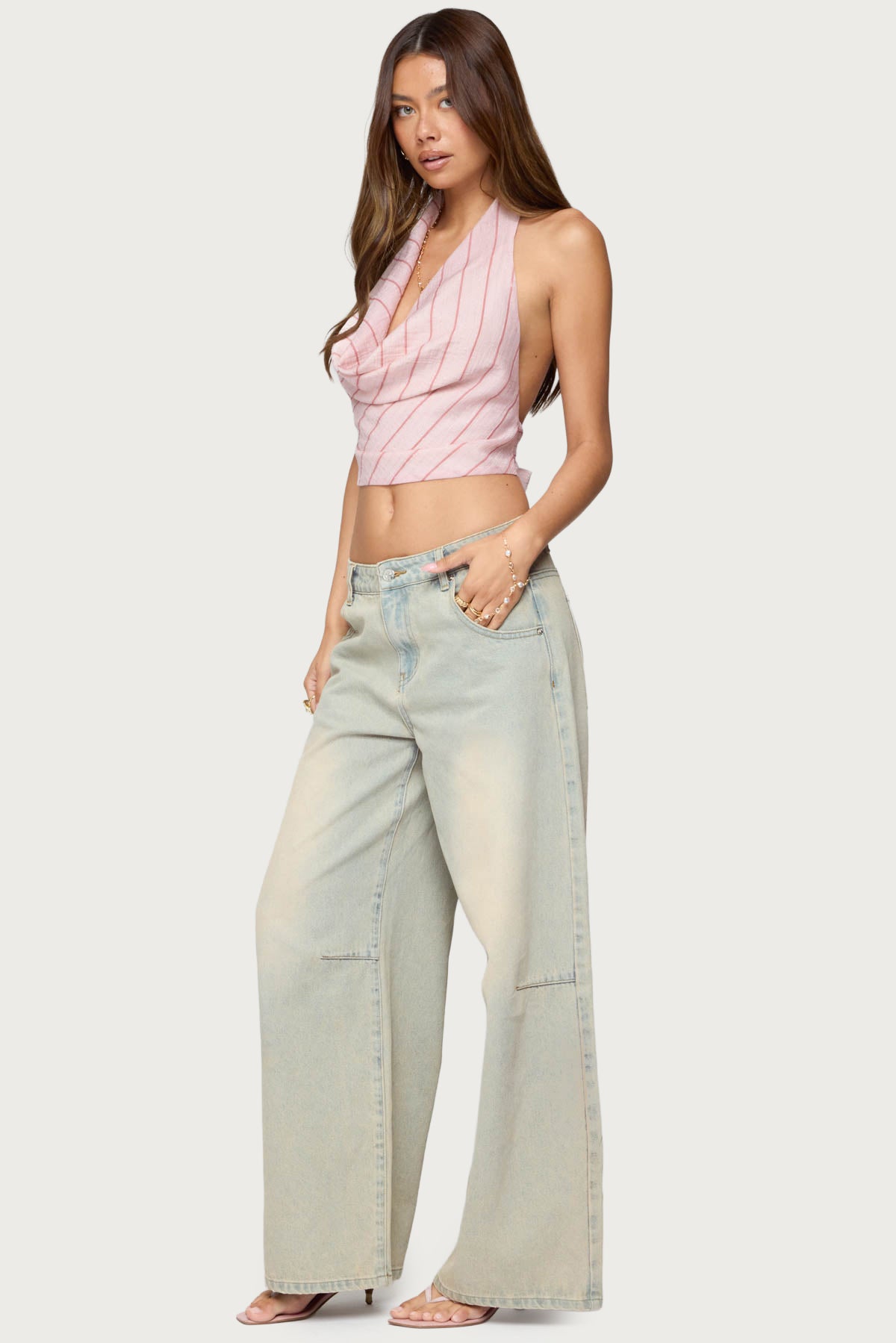 Stripey Metallic Cowl Neck Halter Top - Image 4