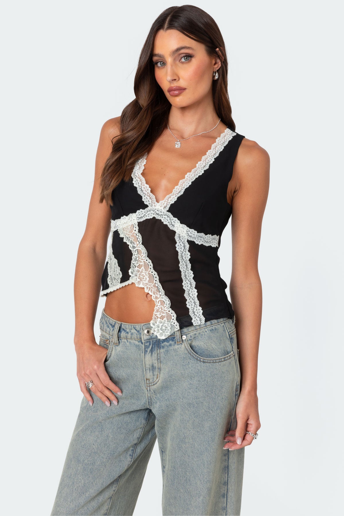 Chiffon & Lace Sheer Asymmetric Top - Image 3