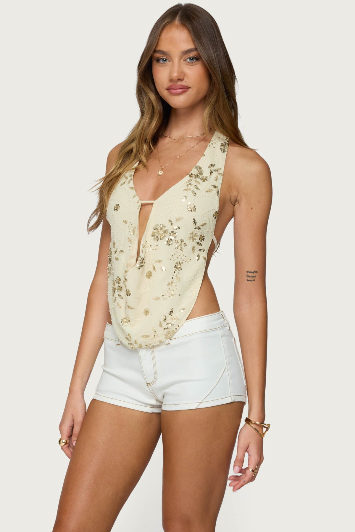 Beaded Chiffon Backless Cowl Neck Top - Image 4