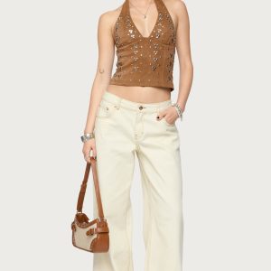 Contrast Stitch Low Rise Wide Leg Jeans