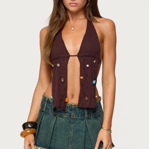 Beaded Distressed Knit Split Front Top