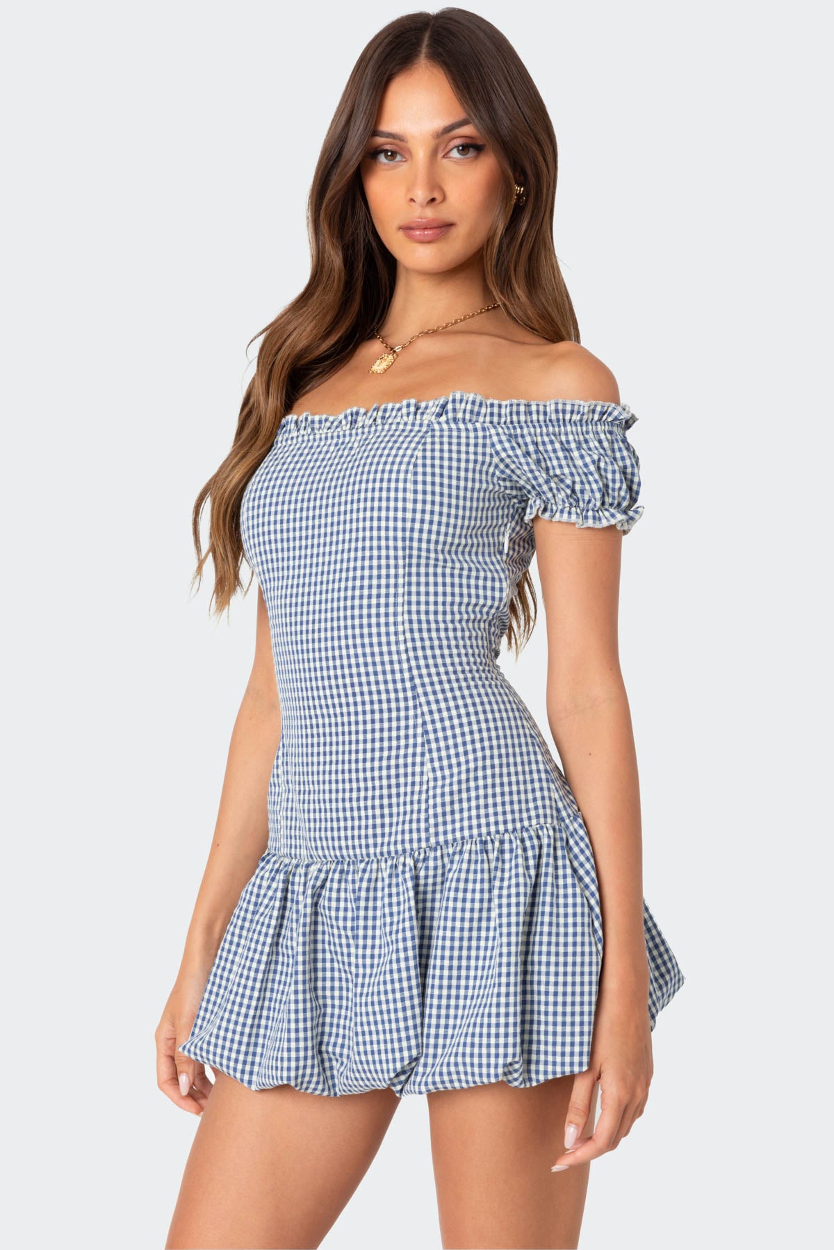 Gingham Off Shoulder Bubble Mini Dress - Image 2