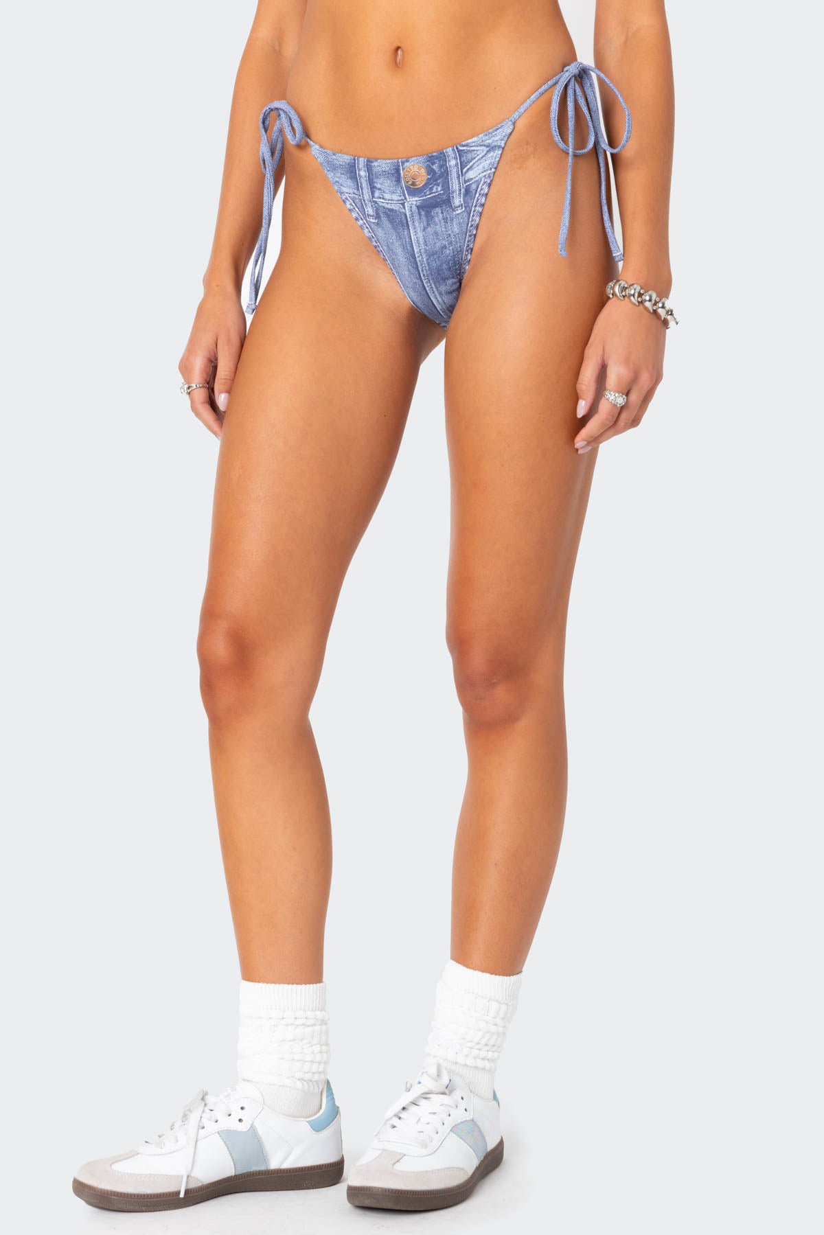 Denim Printed String Bikini Bottom - Image 4