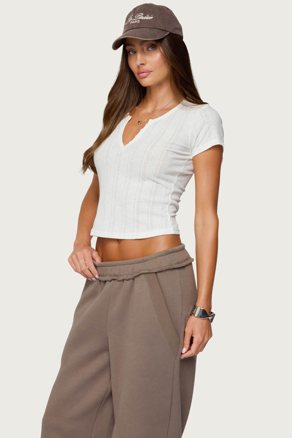 Semi Sheer Ribbed V Neck T Shirt - Image 3