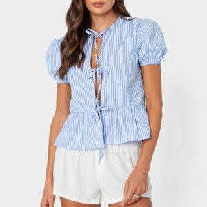 Puffed Sleeve Tie Front Top