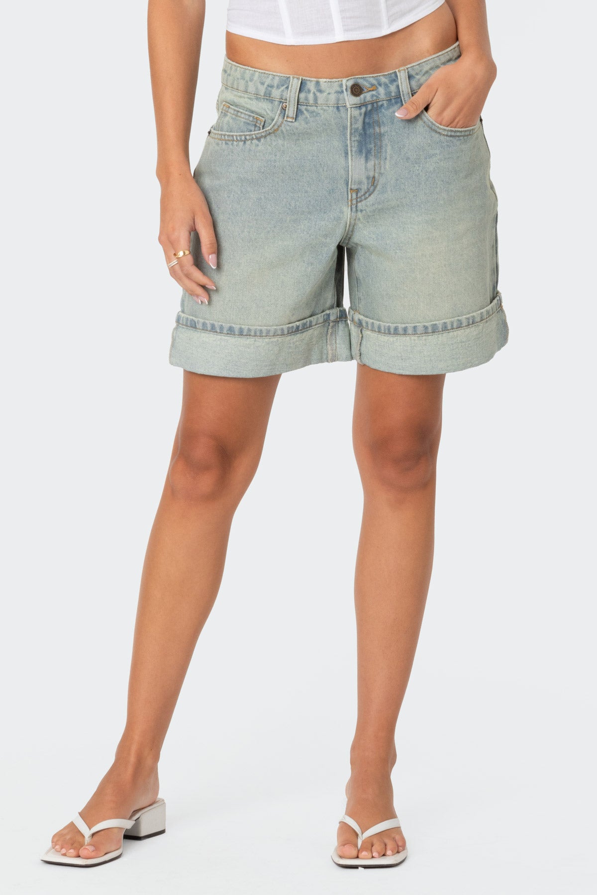 Cuffed Washed Denim Bermuda Shorts - Image 2