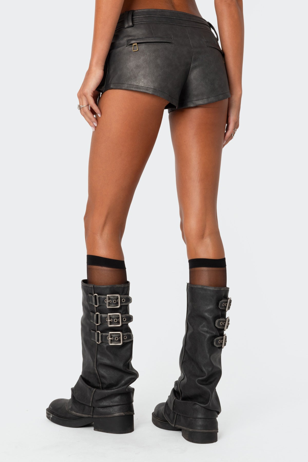 Washed Faux Leather Micro Cargo Shorts - Image 5