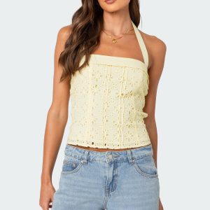Side Button Eyelet Halter Top