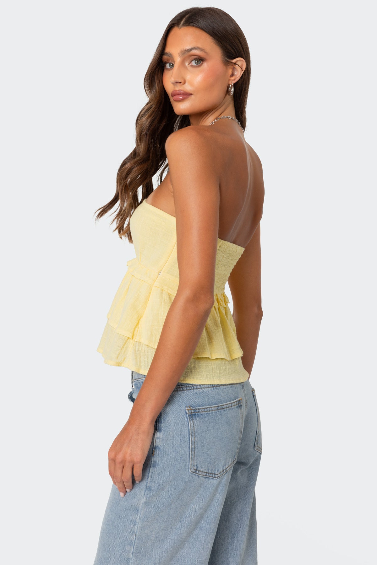 Linen Look Strapless Peplum Top - Image 4