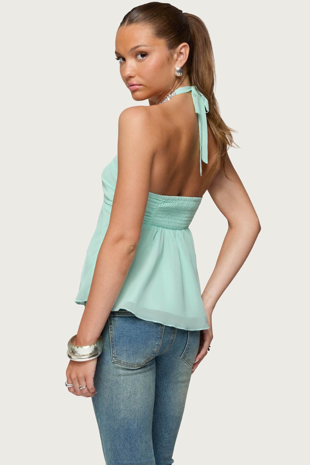 Sequin Chiffon Keyhole Halter Top - Image 5