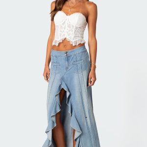 Valencia Ruffle Slitted Denim Maxi Skirt