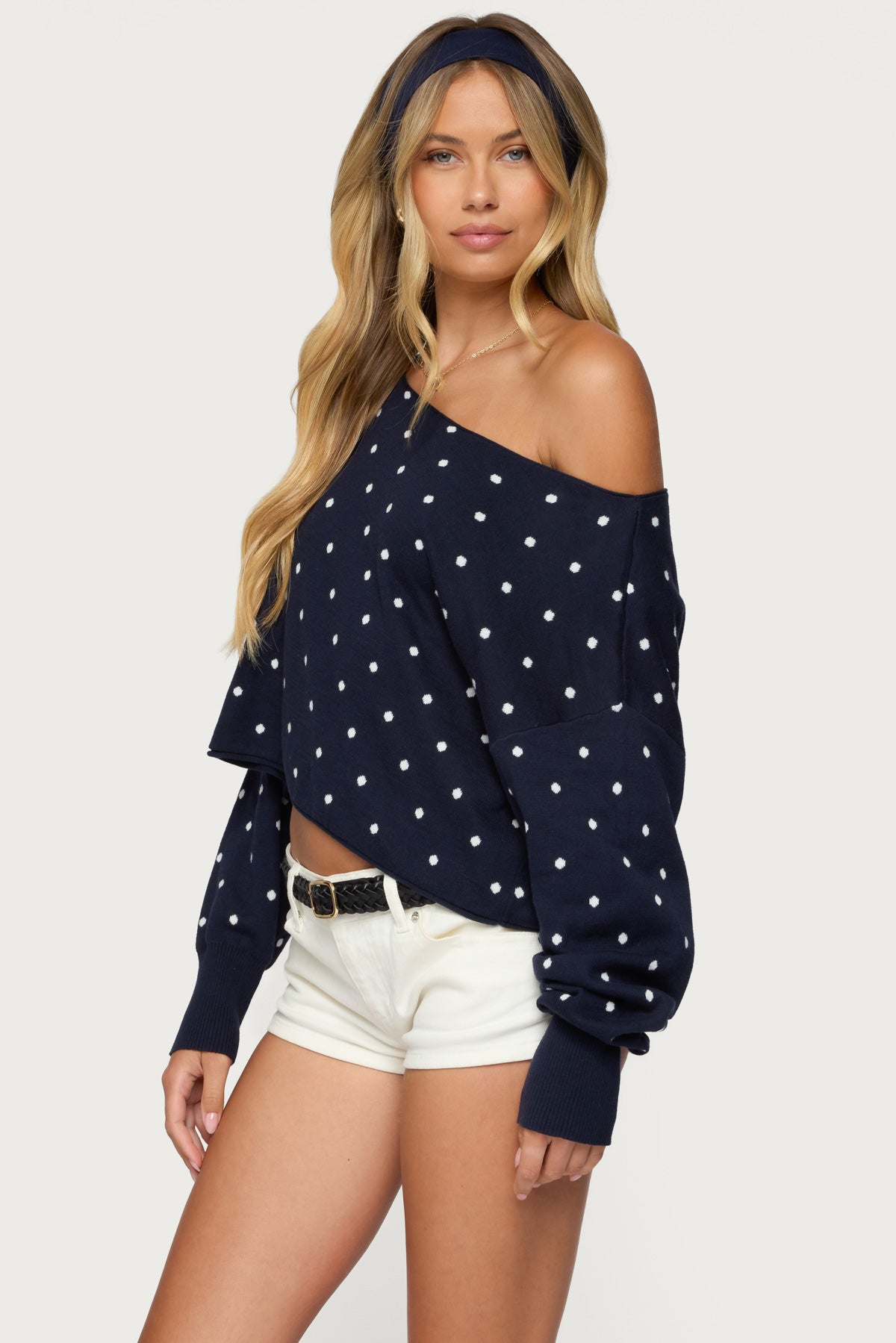 Oversized Off Shoulder Polka Dot Sweater - Image 4