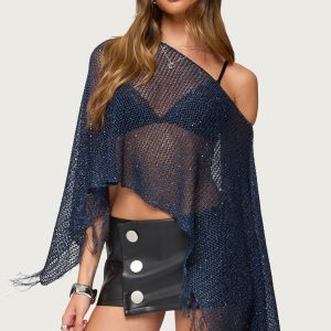 Sequin Fringe Knit Poncho