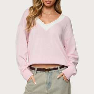 Marie Contrast Lacey V Neck Sweater