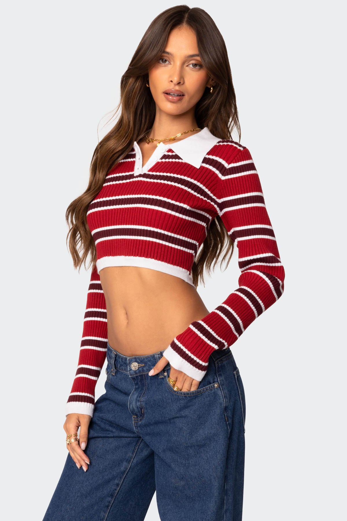 Collared Stripey Ribbed Crop Top - Image 3