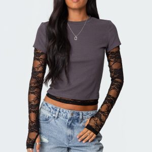 Layered Lace Sleeve T Shirt