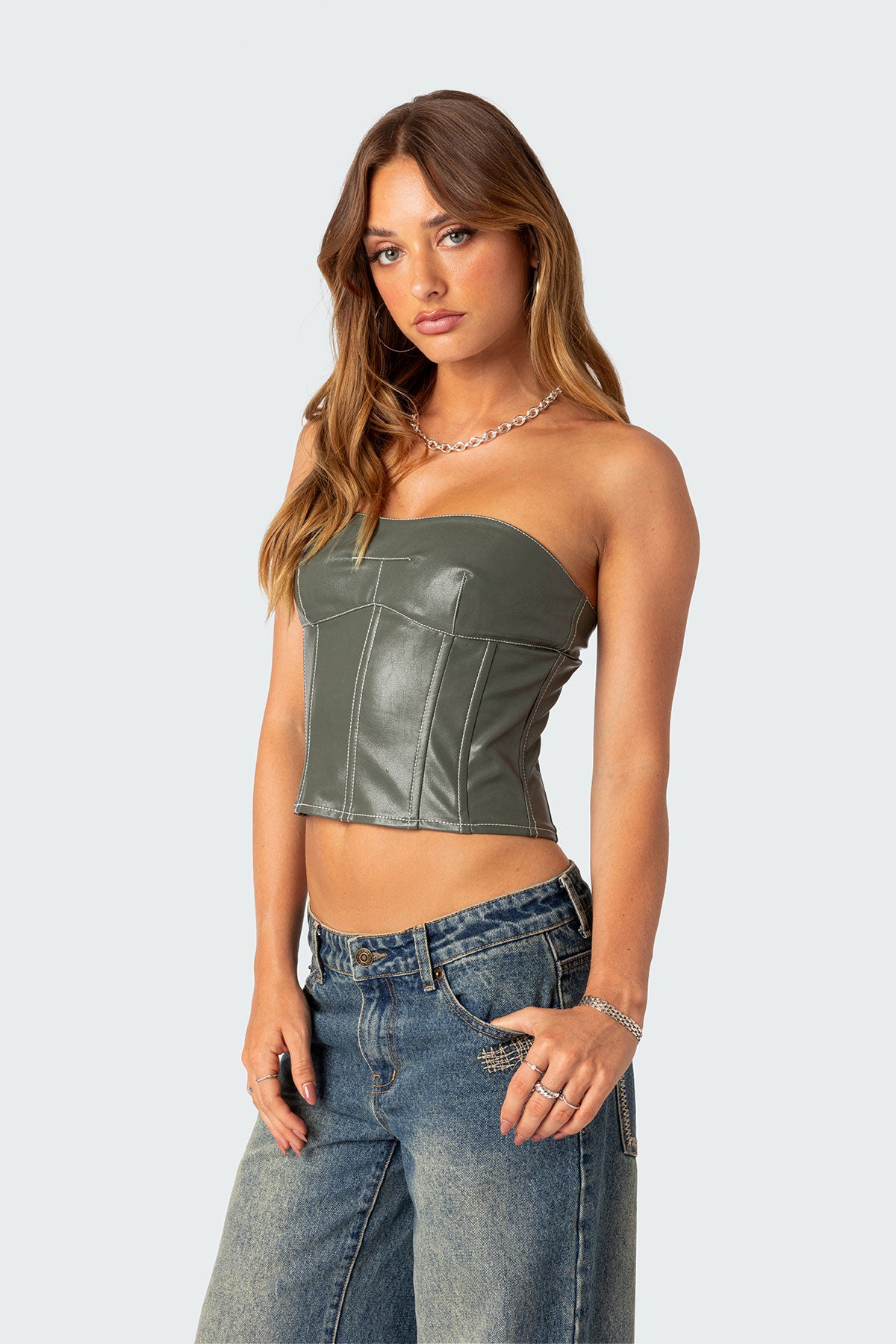 Moss Faux Leather Lace Up Corset - Image 3