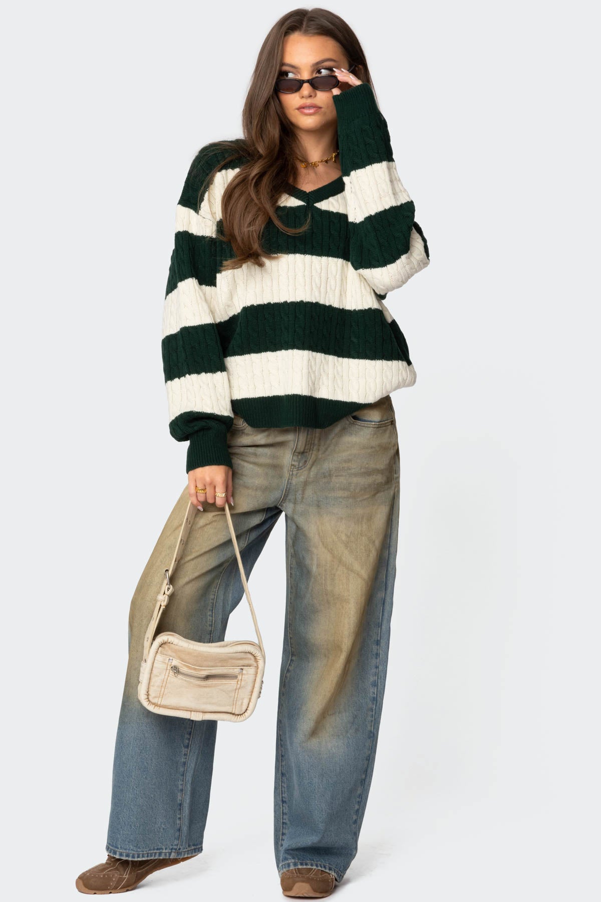 Oversized Striped Cable Knit Sweater - Image 2