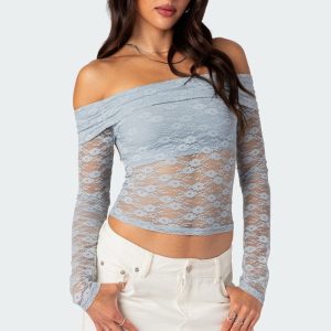 Elysia Fold Over Sheer Lace Top