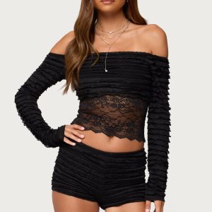 Tauri Lacey Ruffled Off Shoulder Top