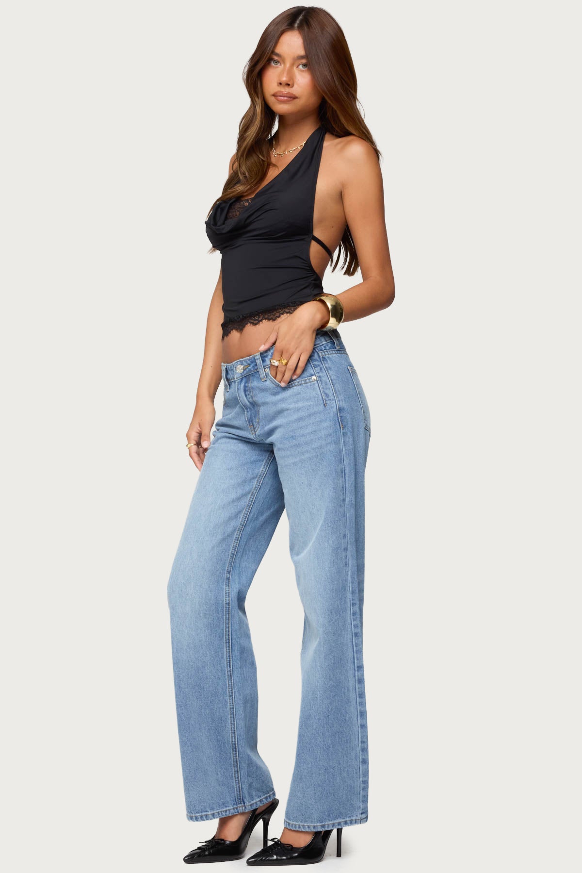 Layered Lacey Cowl Neck Halter Top - Image 4