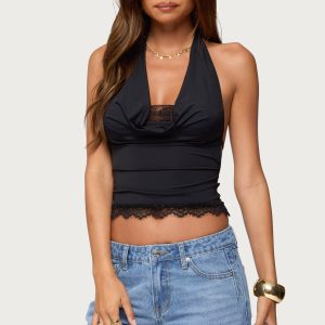 Layered Lacey Cowl Neck Halter Top