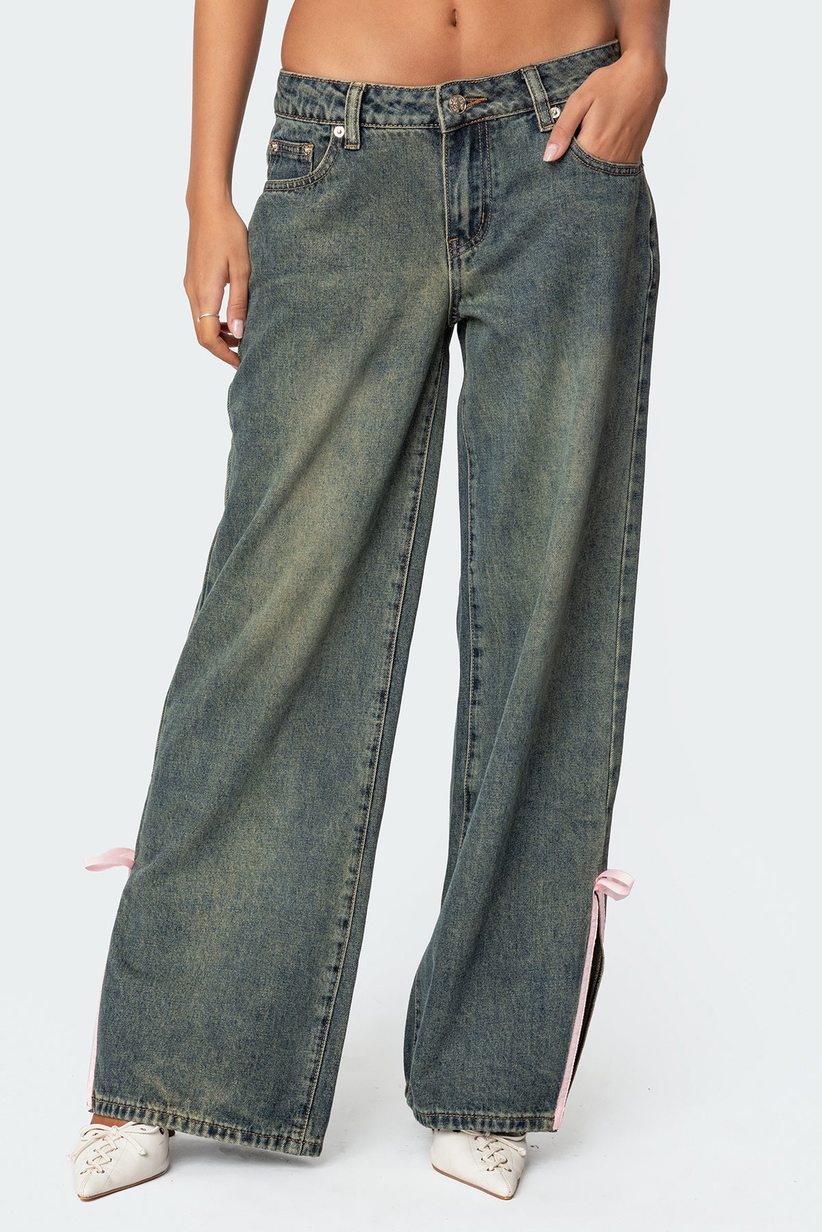 Bow Slitted Vintage Washed Jeans - Image 2