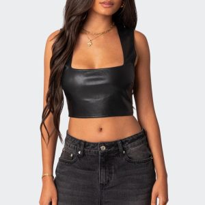 Crescent Faux Leather Crop Top