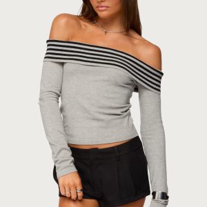 Leetal Stripey Foldover Knit Top