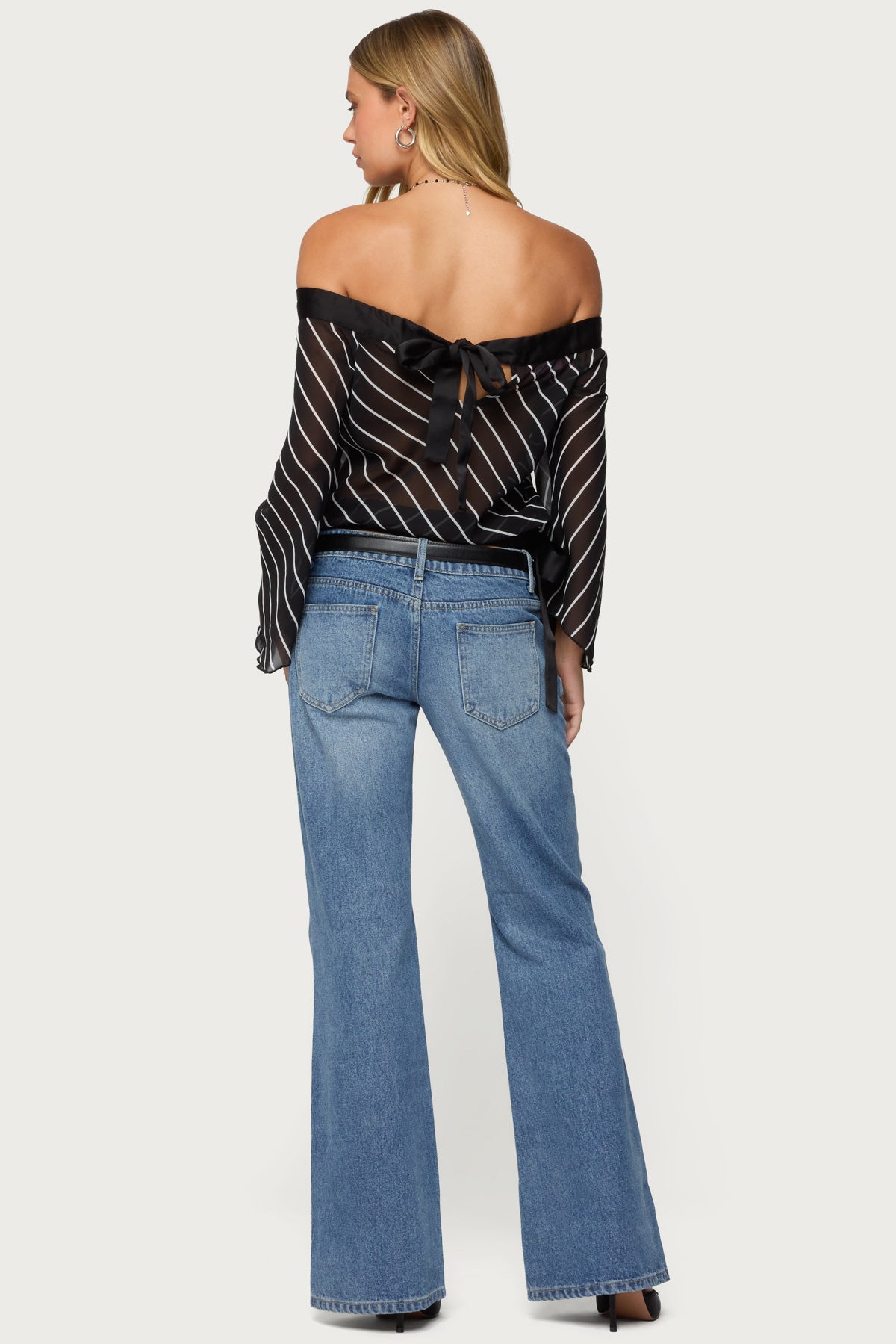 Diagonal Striped Off Shoulder Chiffon Top - Image 2