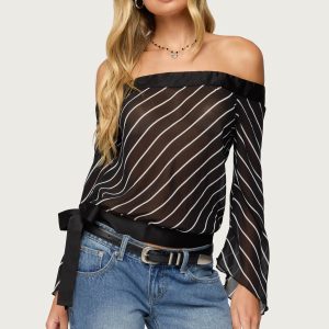 Diagonal Striped Off Shoulder Chiffon Top